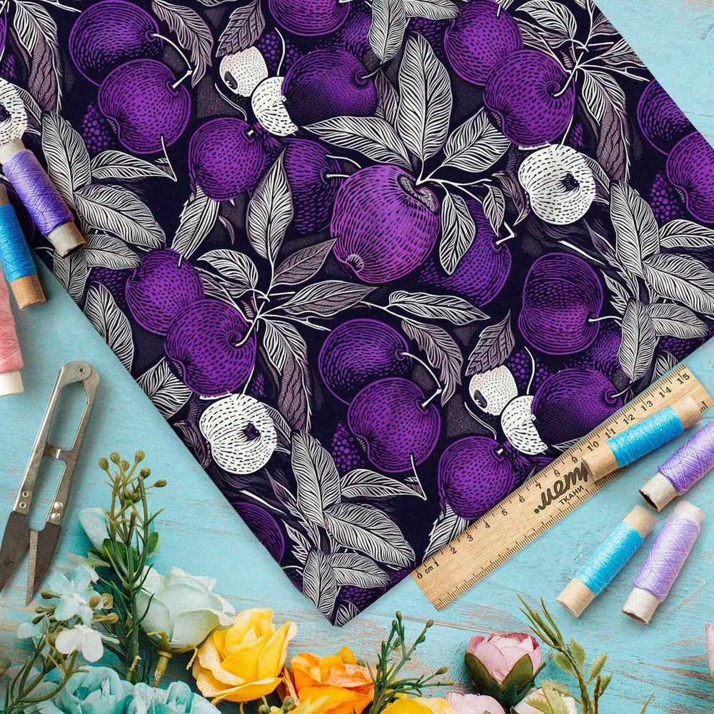 Ткань премиум шелк искусственный Армани контрастные фрукты