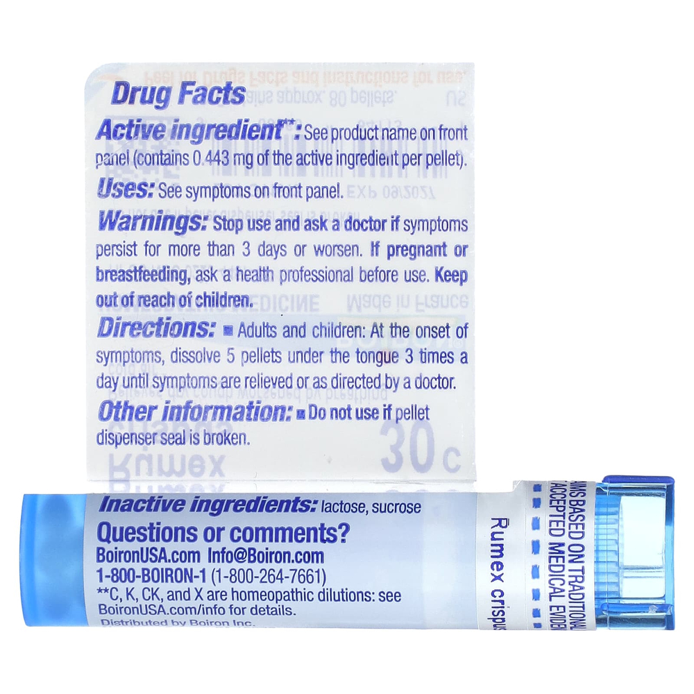 Boiron, Rumex Crispus, 30C, средство от сухого кашля, прибл. 80 гранул