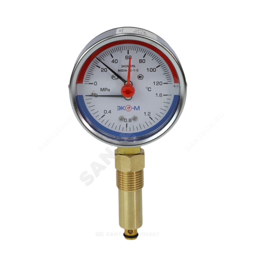 Термоманометр МД04 радиальный Дк63 0-1,0 МПа G1/4" 120С с переходником на G1/2" ЭКОМЕРА МД04-63-G-1МПа- 120-РИ