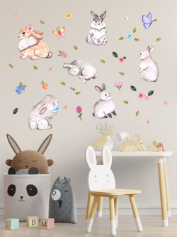 Детские акварельные интерьерные наклейки зайчики с цветами на стены, мебель и ровные поверхности