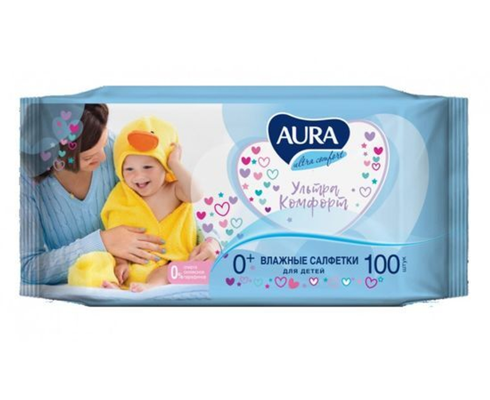 Влажные салфетки детские 100шт/уп с алоэ и витамином Е AURA Ultra comfort Коттон Клаб