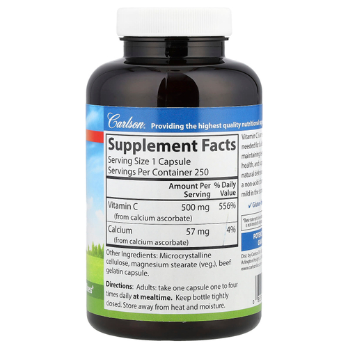Carlson, Mild-C, витамин C деликатного действия, 500 мг, 250 капсул