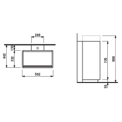 Мебель для ванной Laufen Living Square 59x43см.  4.0533.3.043.463.1 с раковиной Living Square 1143.4 схема