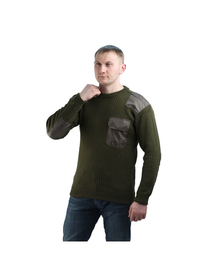 Свитер с накладками п/ш (олива, ворот U)