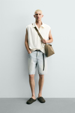 ZARA ДЖИНСОВЫЕ ШОРТЫ STRAIGHT FIT С ВИНТАЖНЫМ ЭФФЕКТОМ, ГОЛУБОЙ