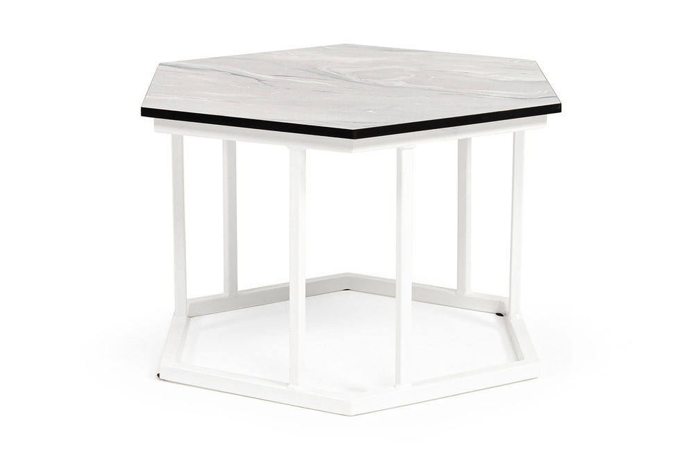 "Женева" интерьерный стол из HPL шестиугольный, D50, H35, цвет "мрамор пепел", каркас из стали белый муар