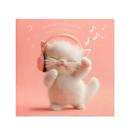 Блокнот 105*105мм 7БЦ 48л "Котенок-меломан" кл., глянц.лам., тисн.фольгой