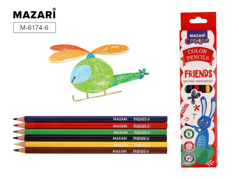 Карандаши 6цв. пластик "Friends" 6 цв., трехгран. d грифеля = 2.6 мм, коробка с европодв. (Mazari)