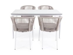 "Малага" обеденная группа на 4 персоны со стульями "Марсель", каркас белый, роуп бежевый