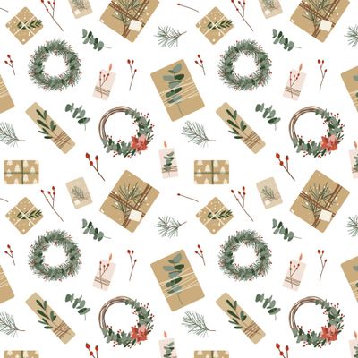 Новогодние подарки в крафт бумаге, рождественские венки. Зимний бесшовный паттерн