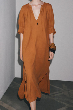 ZARA ПЛАТЬЕ-ТУНИКА ИЗ ЛЬНА ZW COLLECTION, СВЕТЛО-КОРИЧНЕВЫЙ