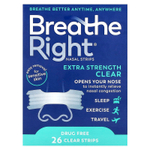 Breathe Right, Полоски для носа, усиленные, прозрачные, для чувствительной кожи, 26 прозрачных полосок