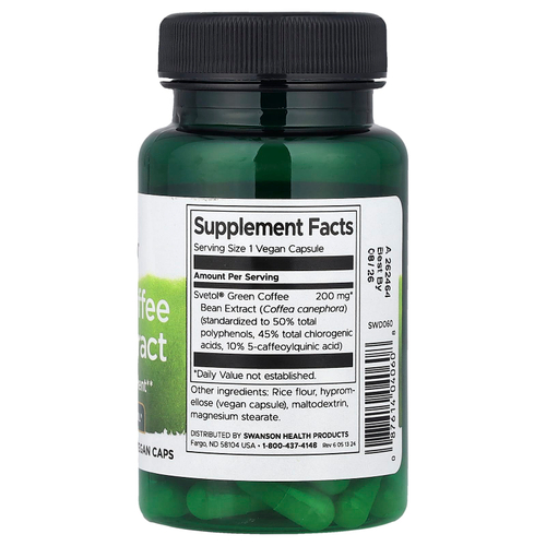 Swanson, экстракт зерен зеленого кофе, 60 веганских капсул (200 мг в 1 капсуле)