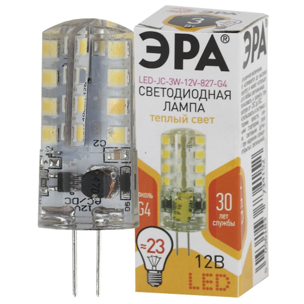 Лампа светодиодная ЭРА STD LED JC-3W-12V-827-G4 G4 3Вт капсула теплый белый свет | Лампы cветодиодные Капсульные (G4, G9)