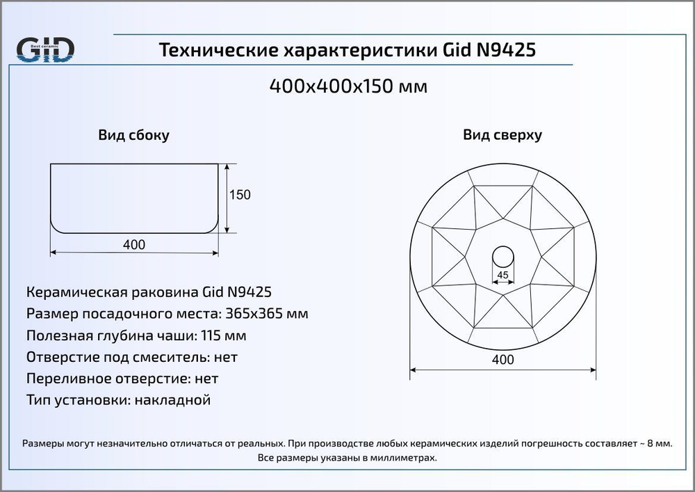 Раковина Gid N9425 40x40 накладная схема