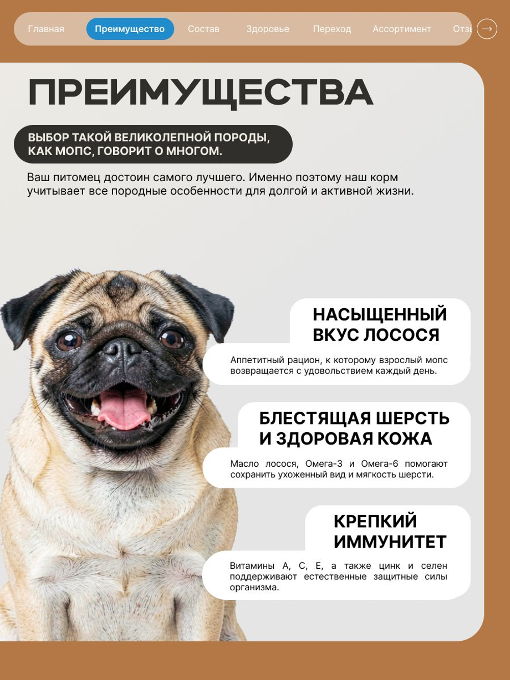 Корм сухой для взрослых собак породы Мопс, с лососем, 800 гр, QUATTRO