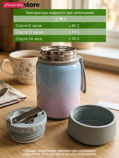 Термос для еды 530 мл. из нержавеющей стали Kamille KM 2096 с ложкой и ручкой