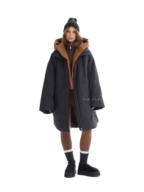 Черно-коричневый длинный пуховик с капюшоном