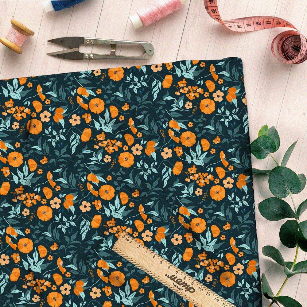 Ткань дюспо выцвевшие оранжевые цветы и зелень