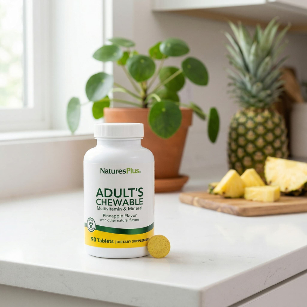 NaturesPlus, жевательные таблетки с мультивитаминами и минералами для взрослых, ананас, 90 таблеток