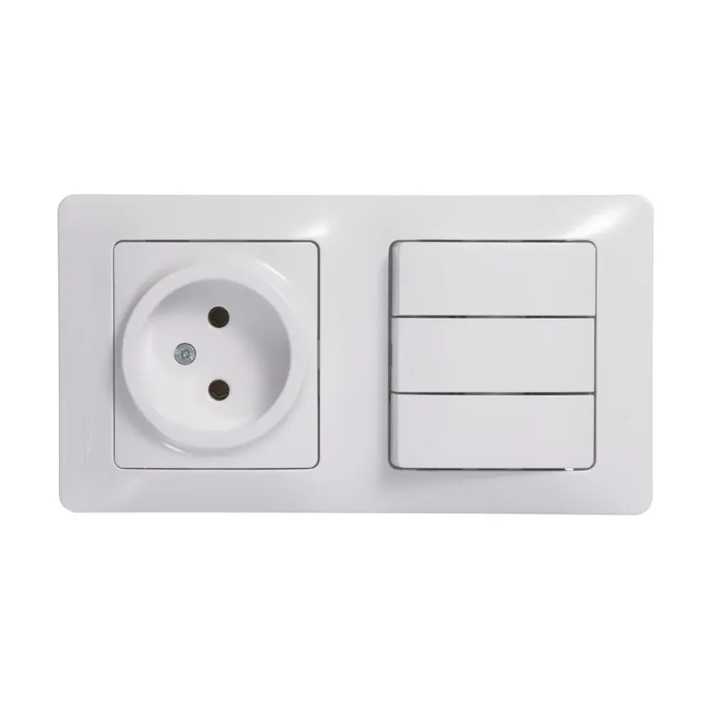 GLOSSA БЛОК: РОЗЕТКА без заземления + 3-клавишный ВЫКЛЮЧАТЕЛЬ, БЕЛЫЙ