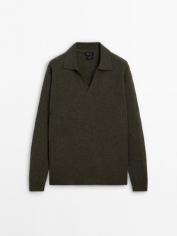Massimo Dutti Шерстяной свитер с воротником поло, зеленоватый