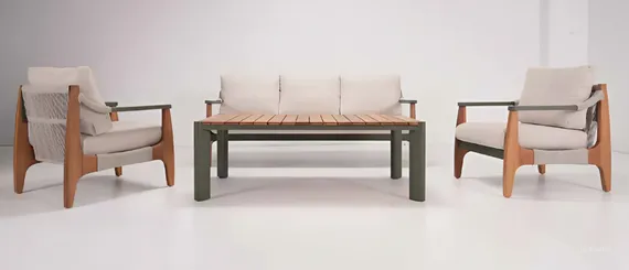 Комплект уличной мебели Elif из алюминия и дерева ироко, 2 кресла, диван и столик