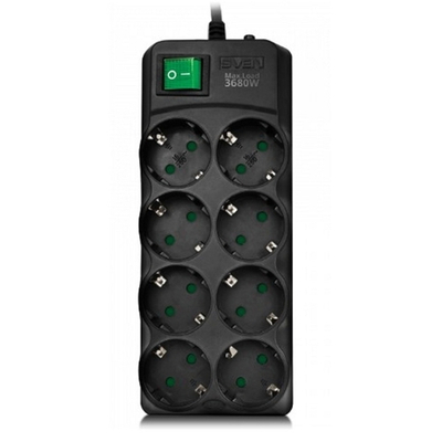 SVEN Фильтр SF-08E-16 3,0 м (8 розеток с защитными шторками,16А) черный, цветная коробка [SV-021610]