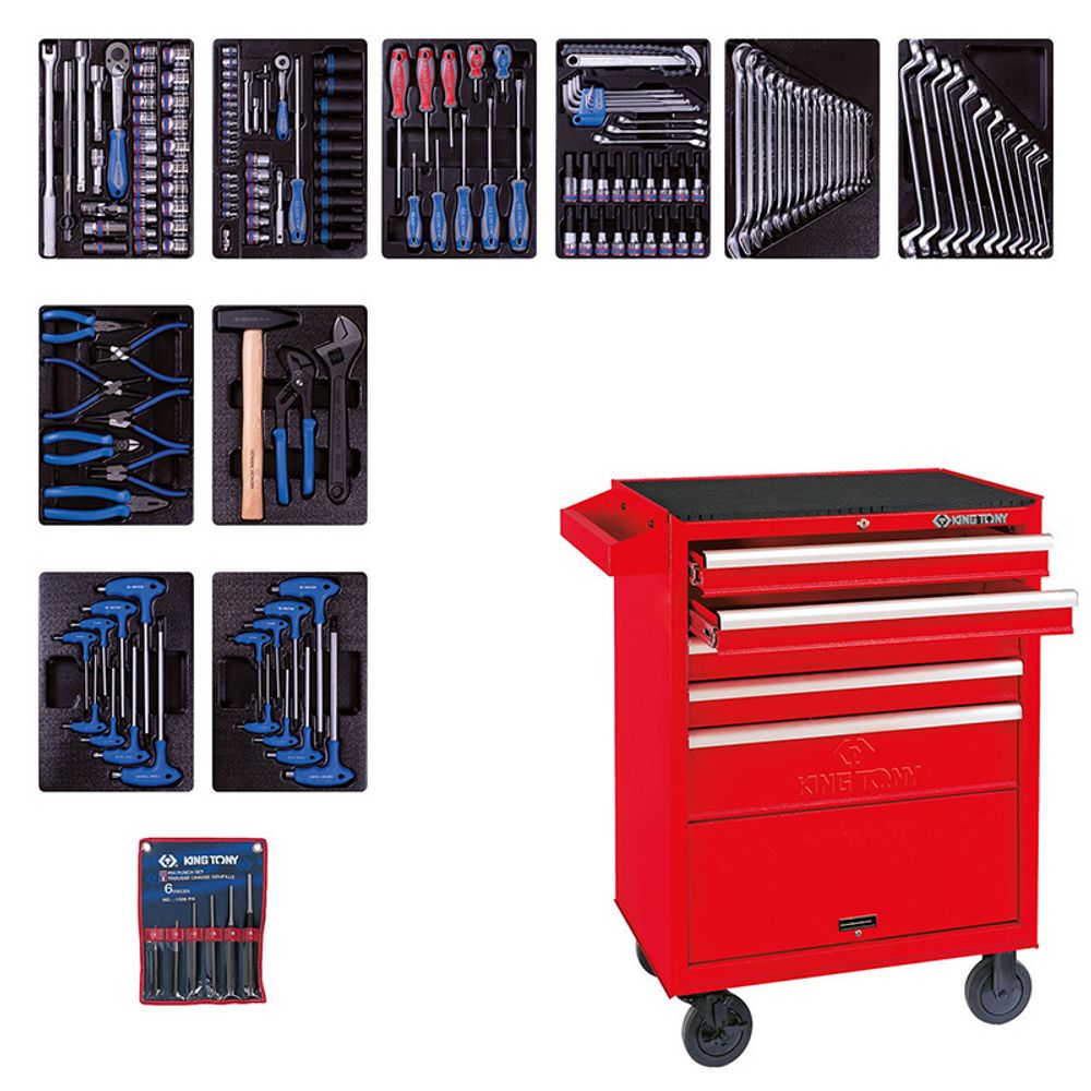 KING TONY (932-000MR) Набор инструментов в красной тележке, 173 предмета