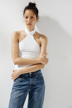 ZARA ТОП ИЗ ПОЛИАМИДА С ГОРЛОВИНОЙ ХАЛТЕР, БЕЛЫЙ