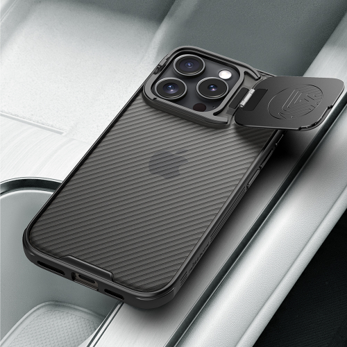 Чехол прозрачный тонированный (Transparent Black) от Nillkin с металлической откидной крышкой для камеры на iPhone 16 Pro, серия CamShield Prop Case