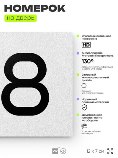 Номер на дверь 198, табличка на дверь для офиса, квартиры, кабинета, аудитории, склада, белая 120х70 мм, Айдентика Технолоджи