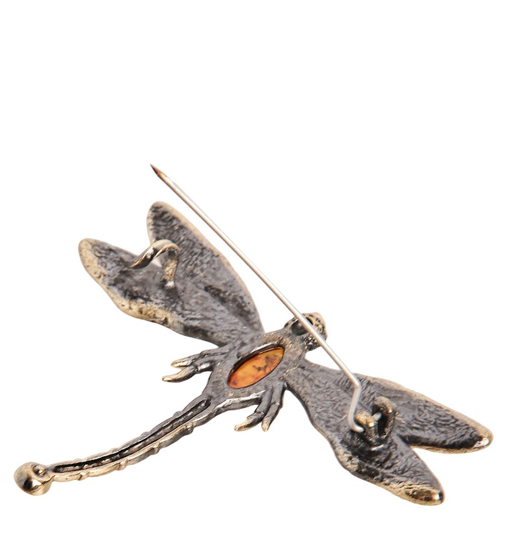 AM- 951 Брошь «Стрекоза со стразом» (латунь, янтарь)