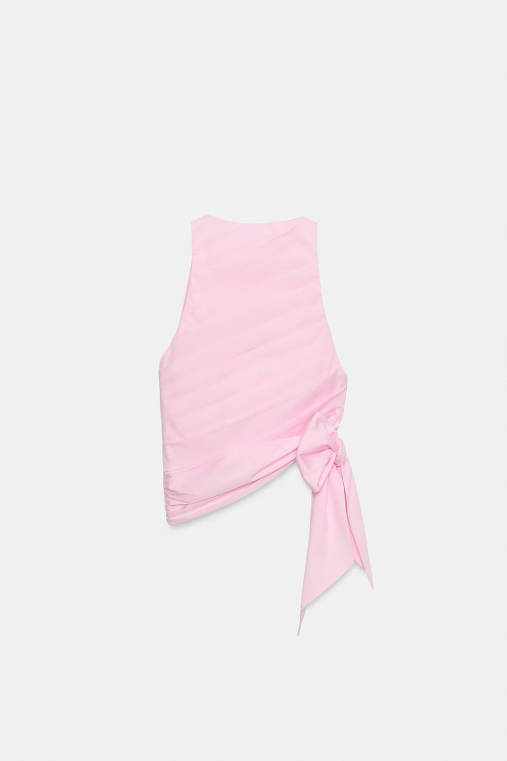 ZARA ТОП ИЗ ПОПЛИНА С ГОРЛОВИНОЙ ХАЛТЕР, СКЛАДКАМИ И ЗАВЯЗКАМИ, РОЗОВЫЙ