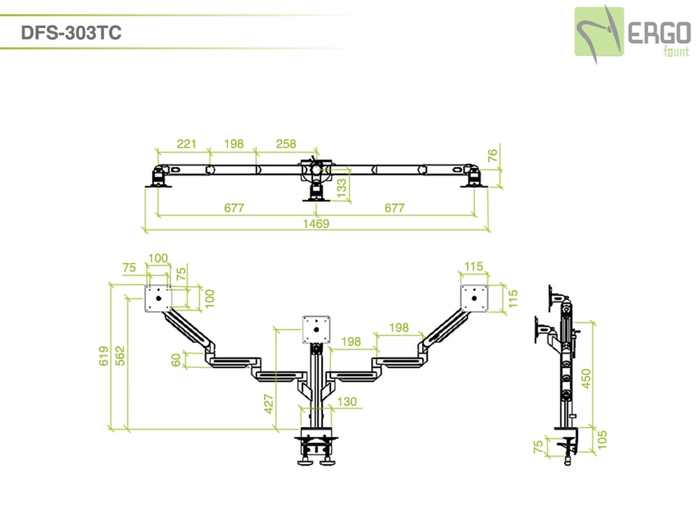 ErgoFount DFS-303TC Настольное крепление для 3 мониторов диагональю до 24'' конфигурации 1х3, два из которых на шарнирных трехколенных вылетах с зажимом к столу типа "С". Цвет - серебристый