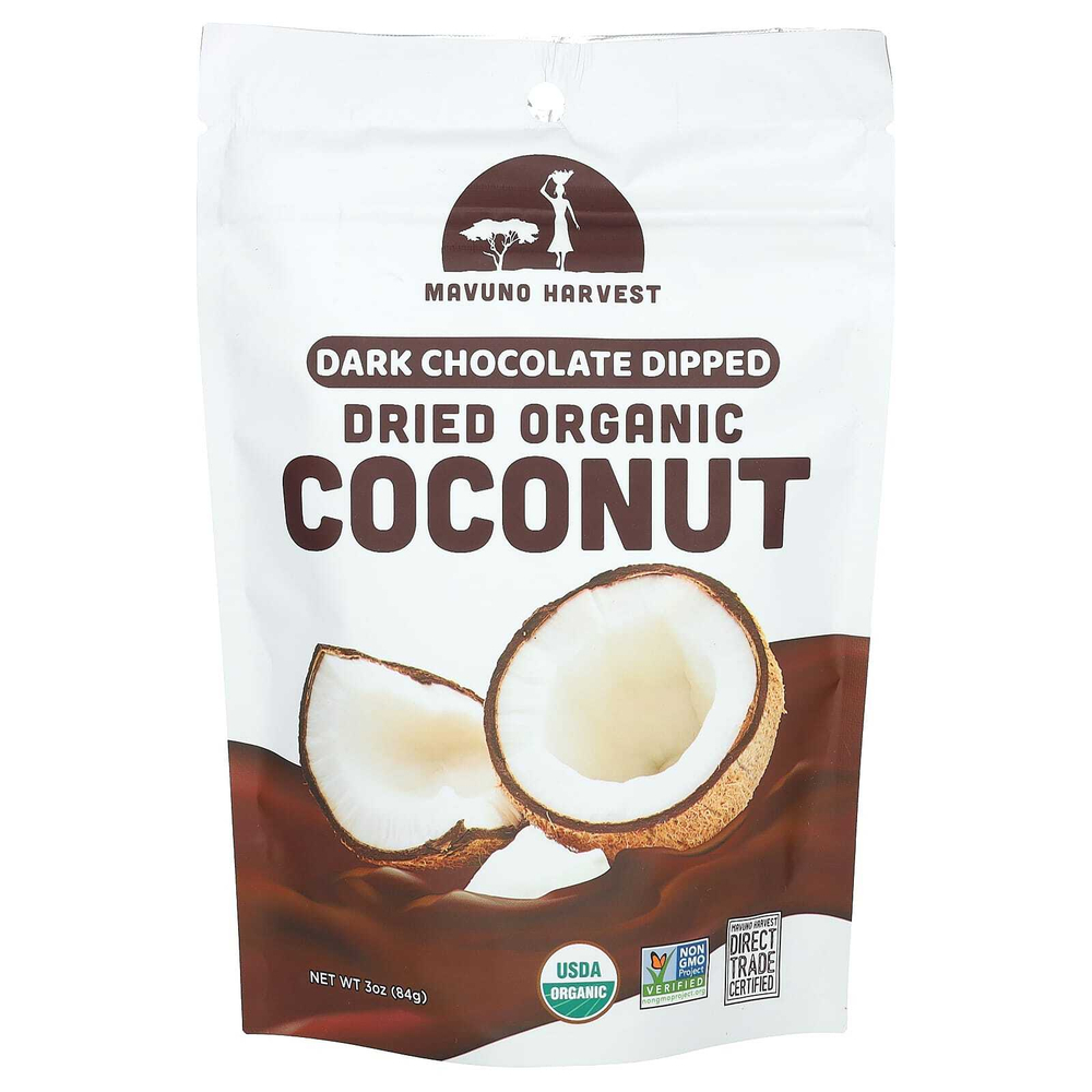 Mavuno Harvest, сушеный органический кокос, в темном шоколаде, 84 г (3 унции)