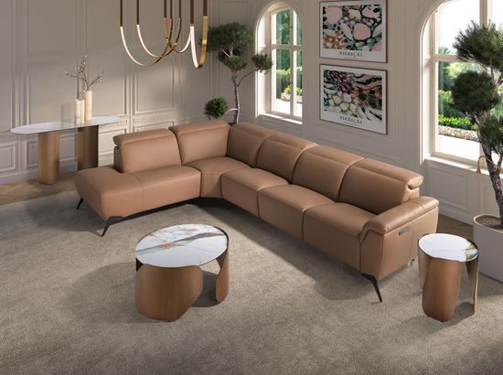 Диван модульный 5-ти местный 6281 с левым шезлонгом из светло-коричневой кожи