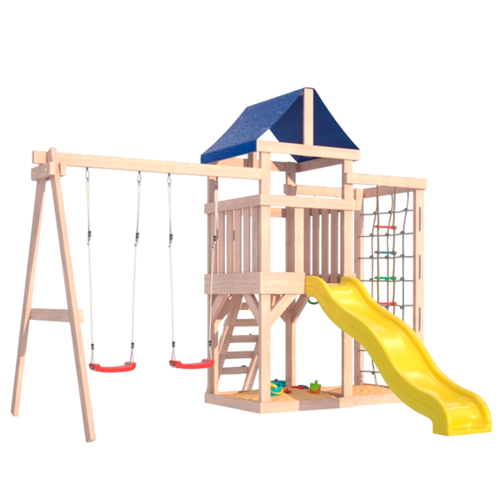 Детская площадка для улицы и дачи Fun Land неокрашенная с сеткой стенкой и качелями