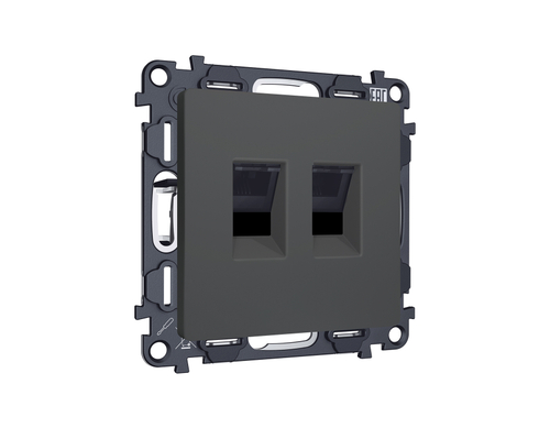 MA912110 Комплект механизма компьютерной двойной розетки RJ-45 с автоматической защитной шторкой ALFA Графит мягкое касание QUANT (AP9121, VM189)