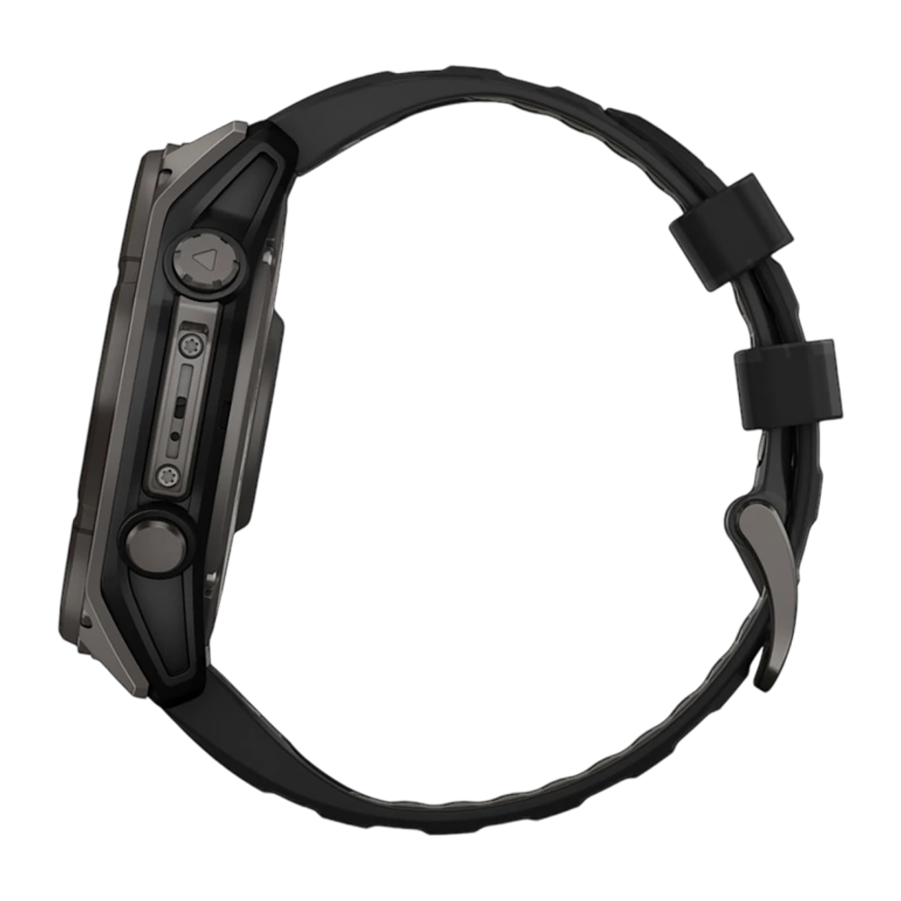 Спортивные часы Garmin fenix 8, 51 мм, Solar, титан с DLC, сапфир, силиконовый ремешок цвета чёрный/«серая галька» Тёмно-серый безель из титана с DLC-покрытием, дисплей Solar. Ремешок с классической застёжкой — на запястье обхватом 127–210 мм
