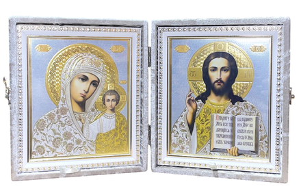 Складень средний: бархатный (цвет в ассорт.), белый багет, бело-голубой лик (23х19,5)