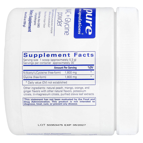 Pure Encapsulations, NAC с глицином в порошке, натуральный вкус персика и имбиря, 159 г (5,6 унции)
