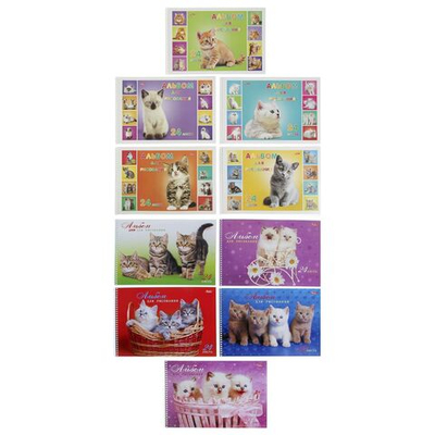 Альбом для рисования А4, 24 листа, на гребне, Милые котята обложка мелованный картон, блок 100 г/м², перфорация на отрыв, МИКС
