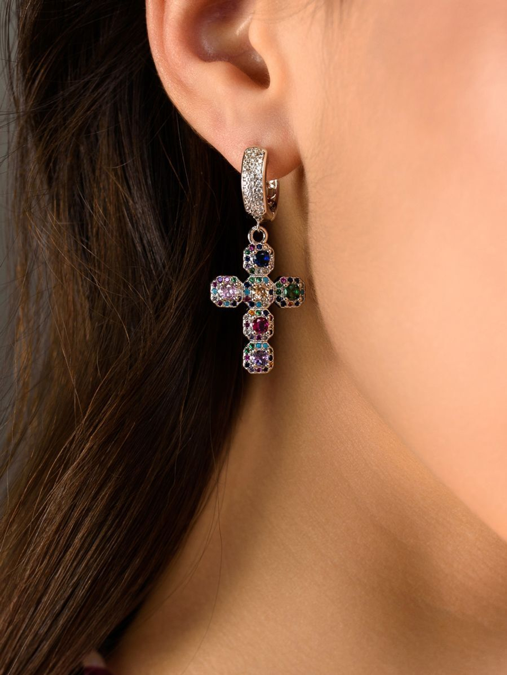 Серьги "Multicolor Cross Dimonds" Silver