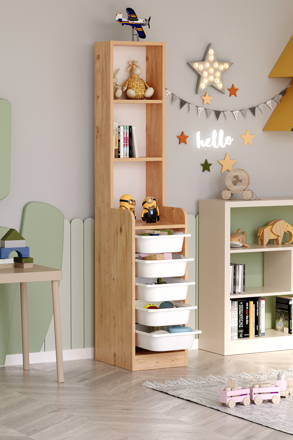 Стеллаж DERYA с 5 выдвижными ящиками - сосна