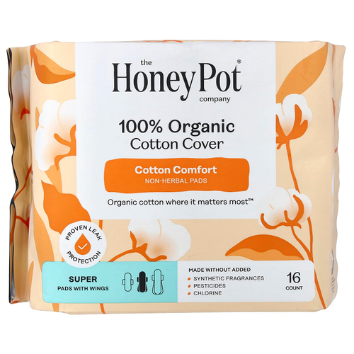 The Honey Pot Company, прокладки из 100% органического хлопка, не на основе трав, с крылышками, супер, 16 шт.