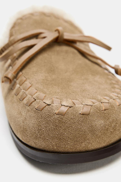 ZARA КОЖАНЫЕ САБО С ИСКУССТВЕННОЙ ОВЧИНОЙ, ПЕСОЧНО-КОРИЧНЕВЫЙ