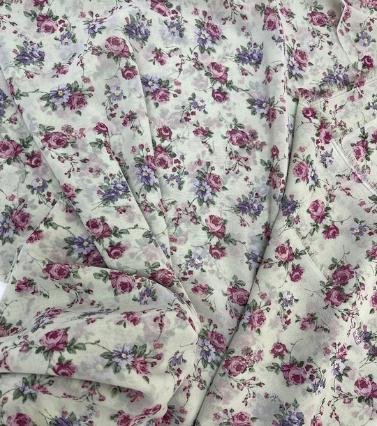 Шифон принт, розочки розовые/сиреневый на зеленом Моналиса