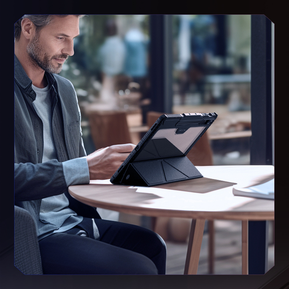 Чехол книжка синего цвета от Nillkin для планшета Samsung Galaxy Tab S9 Ultra и Tab S10 Ultra, серия Bumper Pro Case-Multi Angle Folding Style, с защитной шторкой для камеры