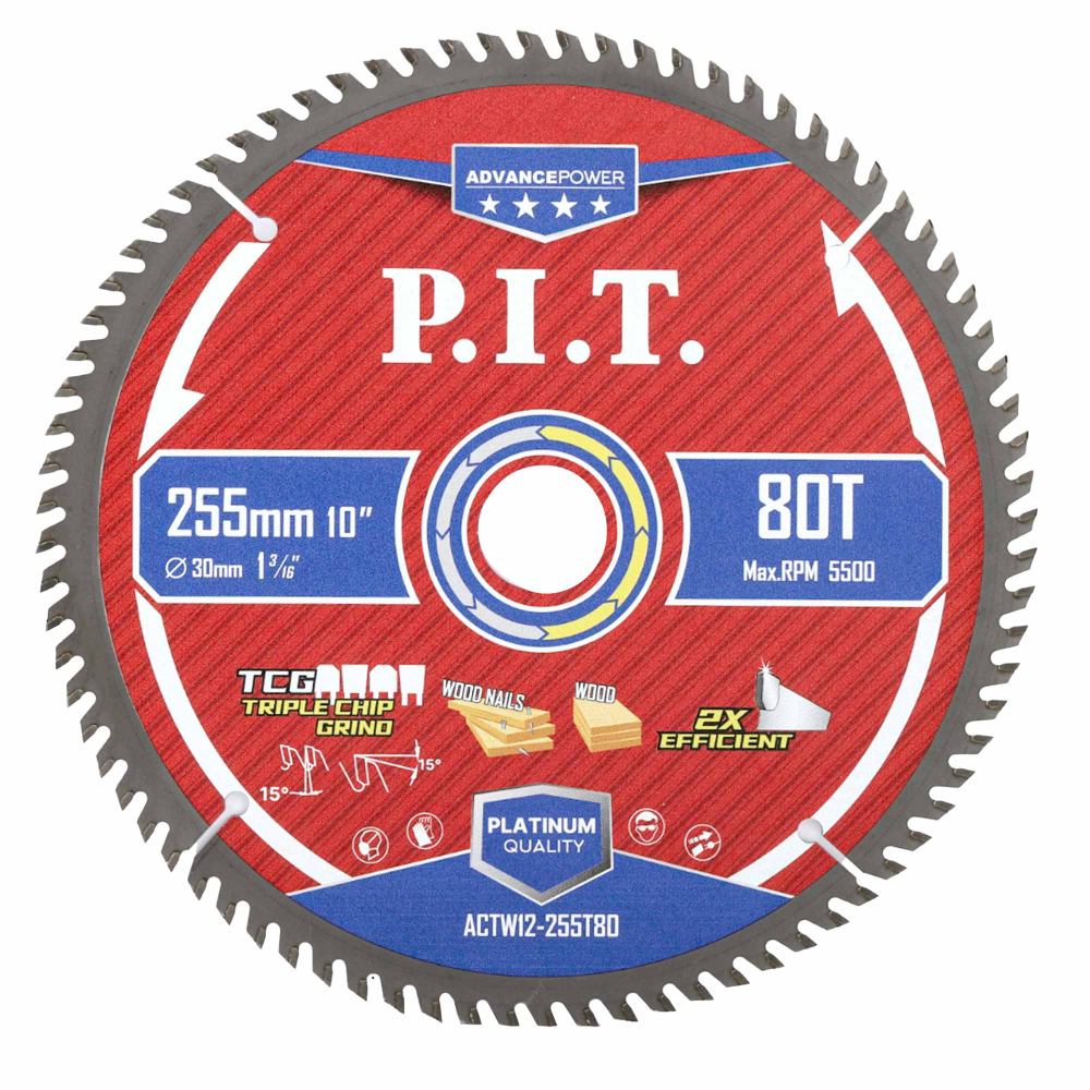 Диск пильный по дереву PIT  255x30x2,2 мм, 80T Carbide, зуб ATB 15° (ACTW12-255T80)